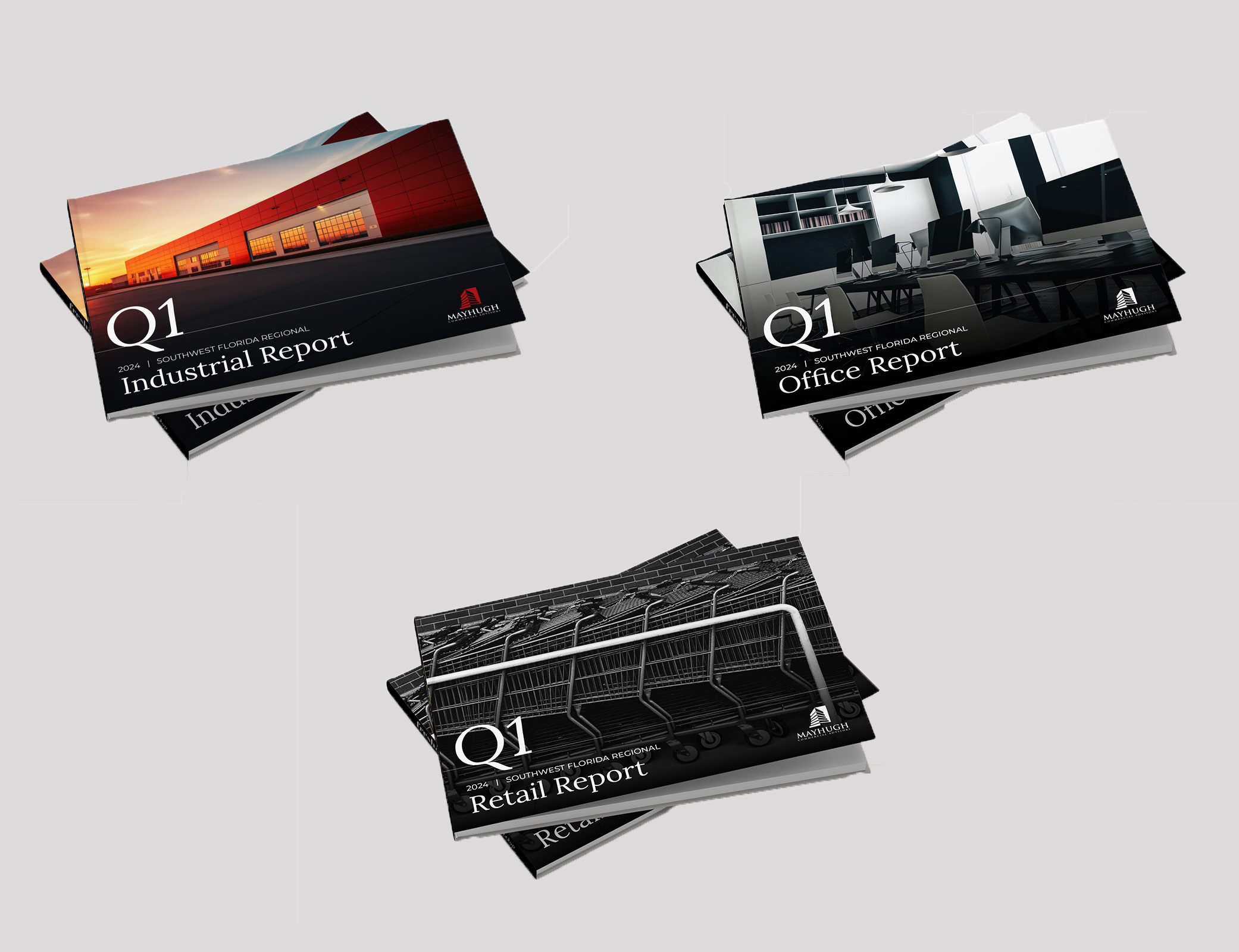 Three stacks of Q1 2024 market reports labeled Industrial, Office, and Retail are shown, each with a distinct cover image representing the respective sector.