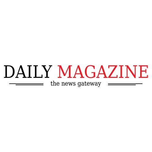 Logo with the text "DAILY MAGAZINE" and "the news gateway" underneath, with "DAILY" in black, "MAGAZINE" in red, and horizontal lines on either side.