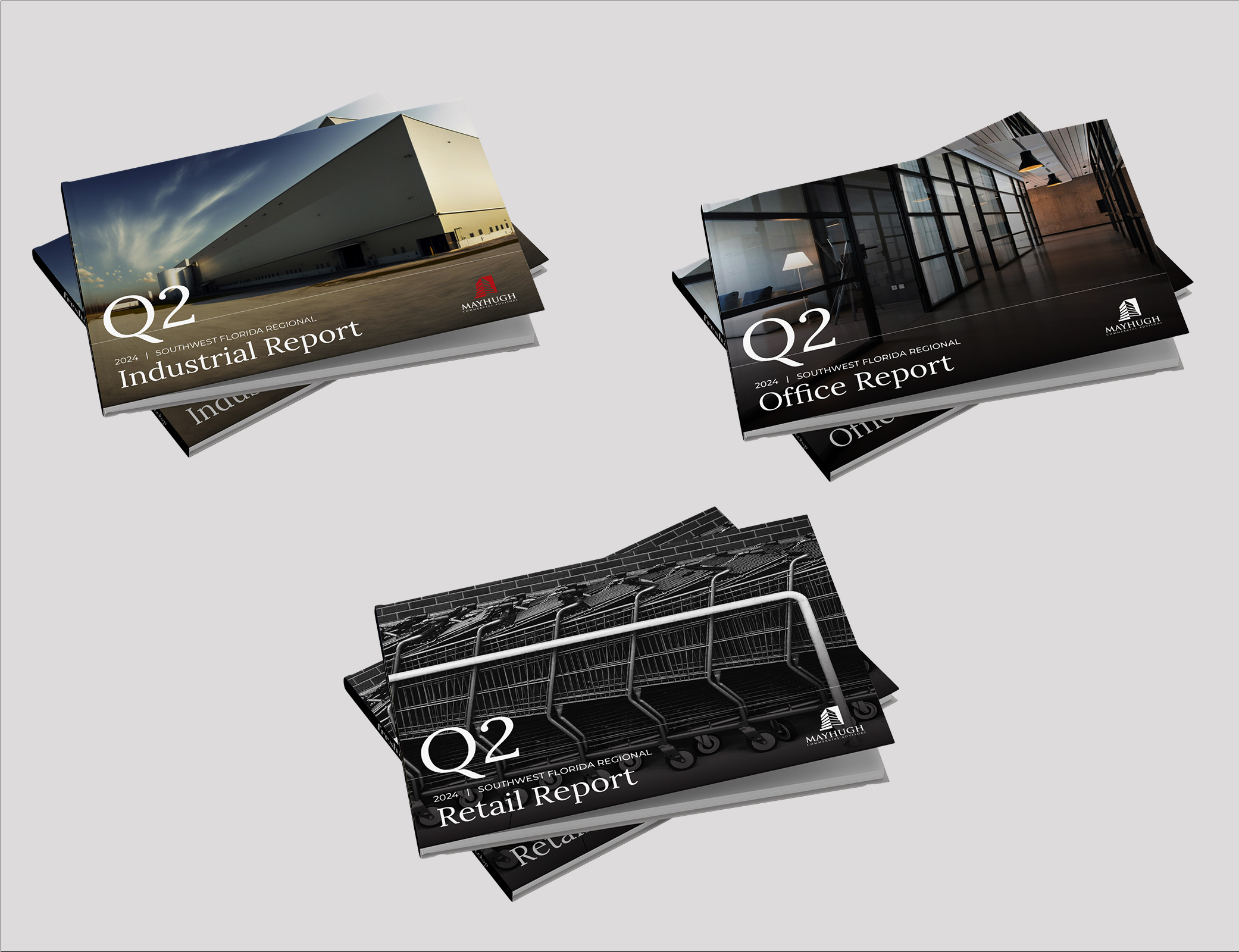 Three stacks of Q2 2021 market reports titled Industrial Report, Office Report, and Retail Report are shown, each with thematic cover images and the Matthews company logo.