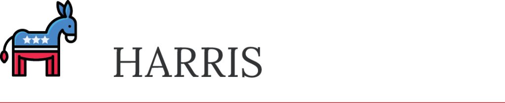 A cartoon donkey with stars and stripes appears to the left of the word "HARRIS" in bold, uppercase letters.