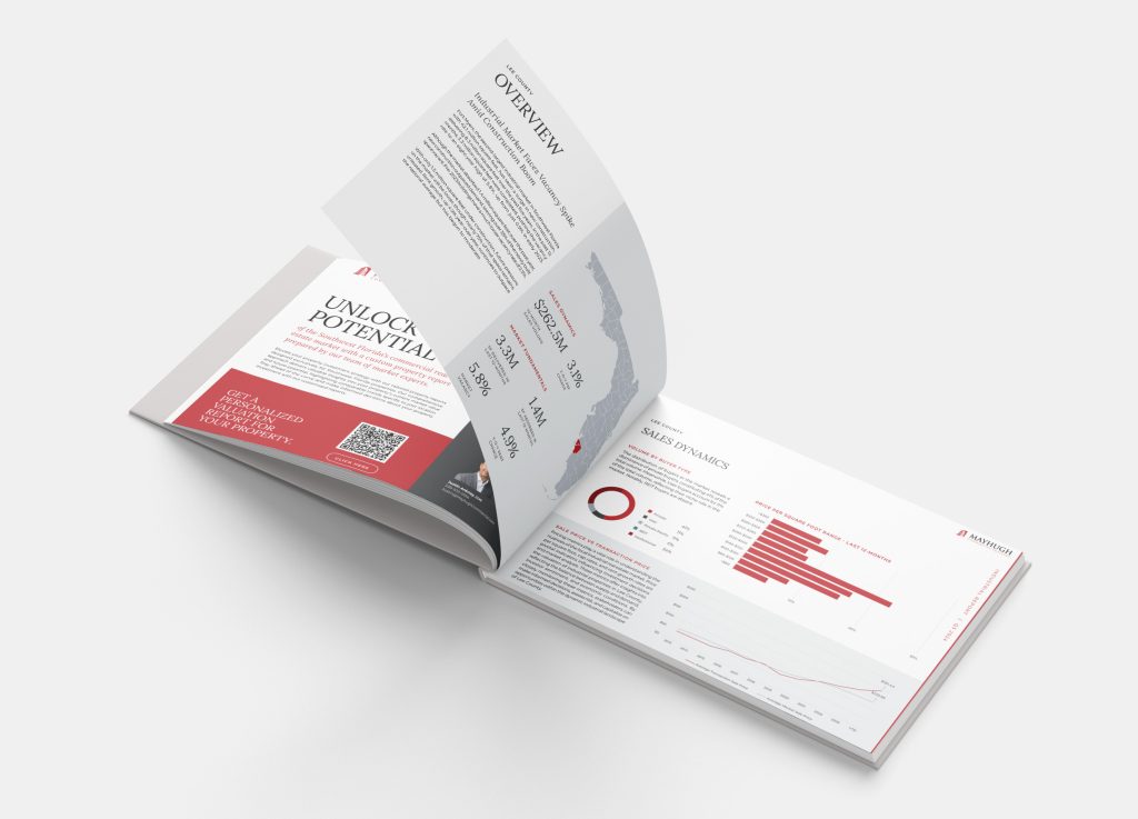 Open booklet on a white surface displaying business-related charts, graphs, and text, with one transparent page partially lifted showing an overview section.