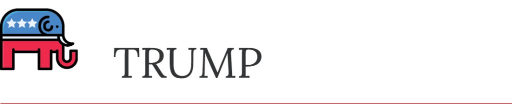 A stylized red, white, and blue elephant icon appears left of the word "TRUMP" in bold capital letters on a white background.
