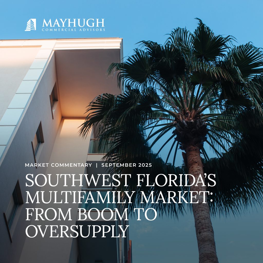 A modern apartment building and a tall palm tree are shown at sunset with text discussing Southwest Florida’s multifamily housing market oversupply.