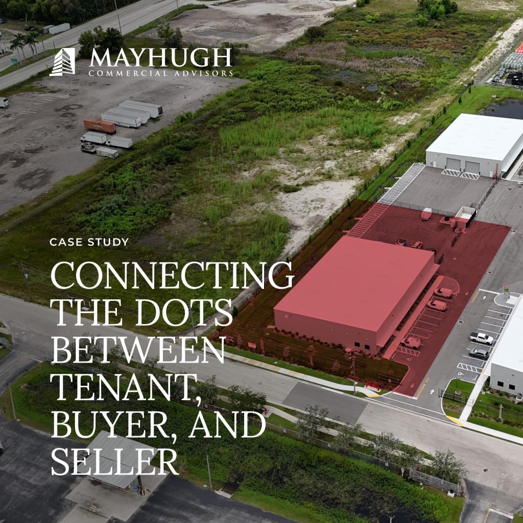 Aerial view of a commercial property highlighted in red within a parking lot, surrounded by roads and grassy areas, with Mayhugh Commercial Advisors branding and case study text overlay.