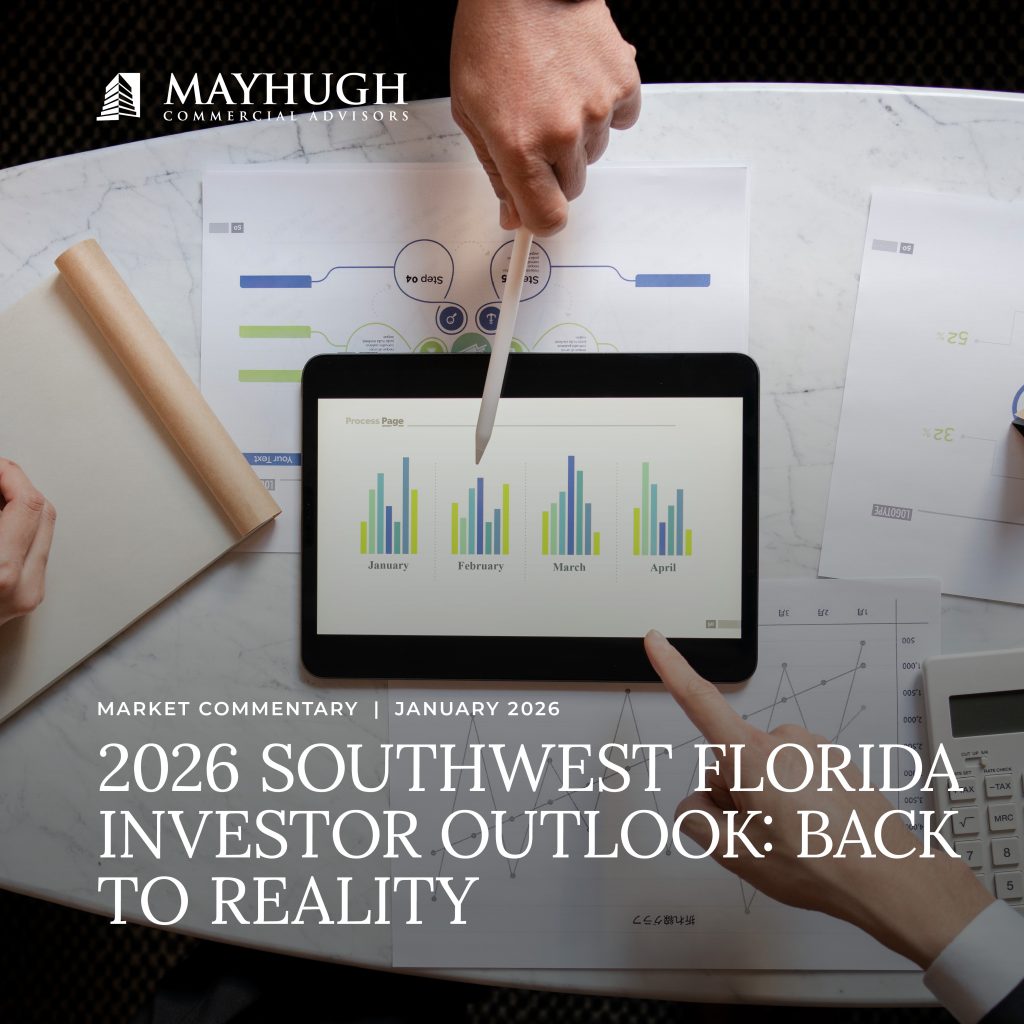 A person reviews financial charts and graphs on paper and a tablet, with the text “2026 Southwest Florida Investor Outlook: Back to Reality” overlaid.