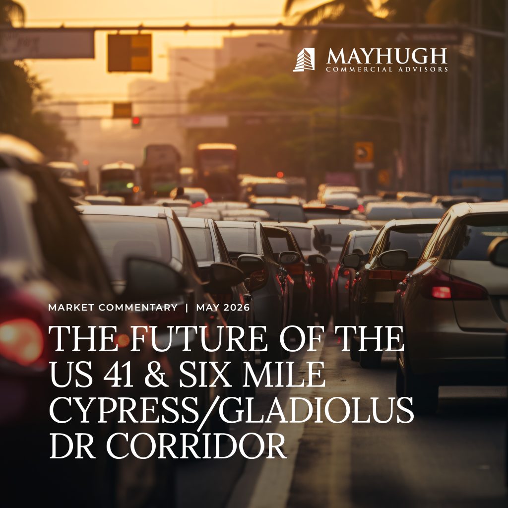 Traffic congestion on a city street at sunset, with the Mayhugh Commercial Advisors logo and headline about the future of the US 41 & Six Mile Cypress/Gladiolus Dr corridor.