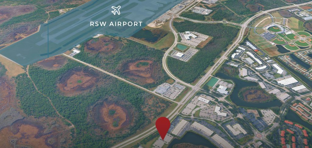 A labeled aerial view shows RSW Airport at the top left and a red location pin marking a building in a developed area surrounded by roads, water, and greenery.