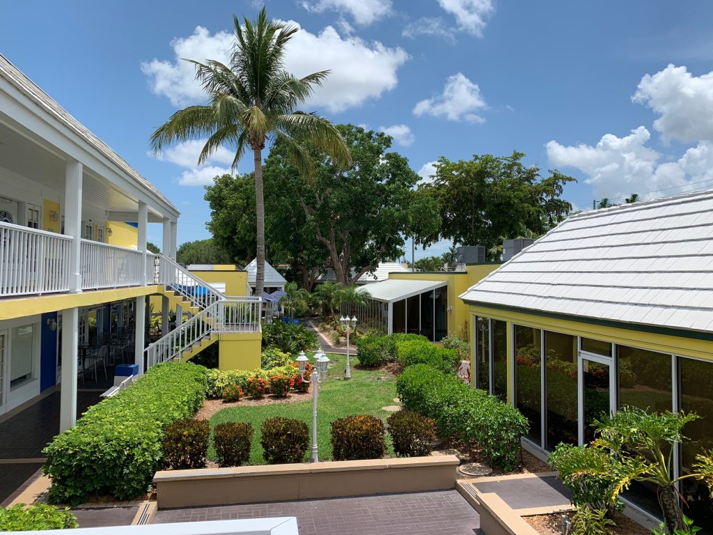 A courtyard garden with trimmed hedges, a tall palm tree, a birdbath, and yellow buildings under a bright blue sky with scattered clouds.