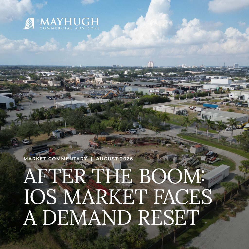 Aerial view of a commercial and industrial area with various buildings, roads, and palm trees, under a partly cloudy sky. Text overlay discusses a market reset in the IOS sector.