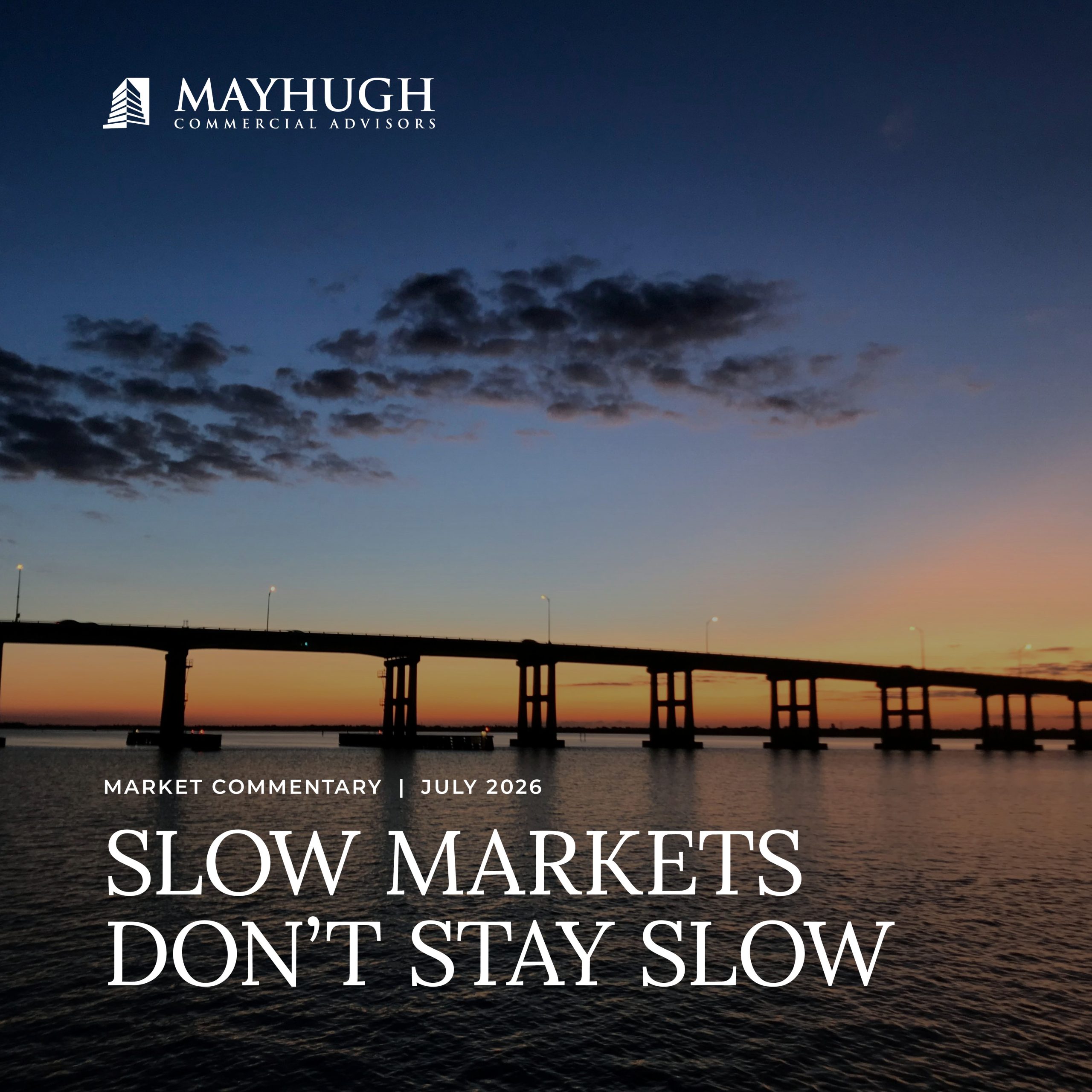 A bridge spans across water at sunset with the text, "Slow Markets Don’t Stay Slow" and "Mayhugh Commercial Advisors.